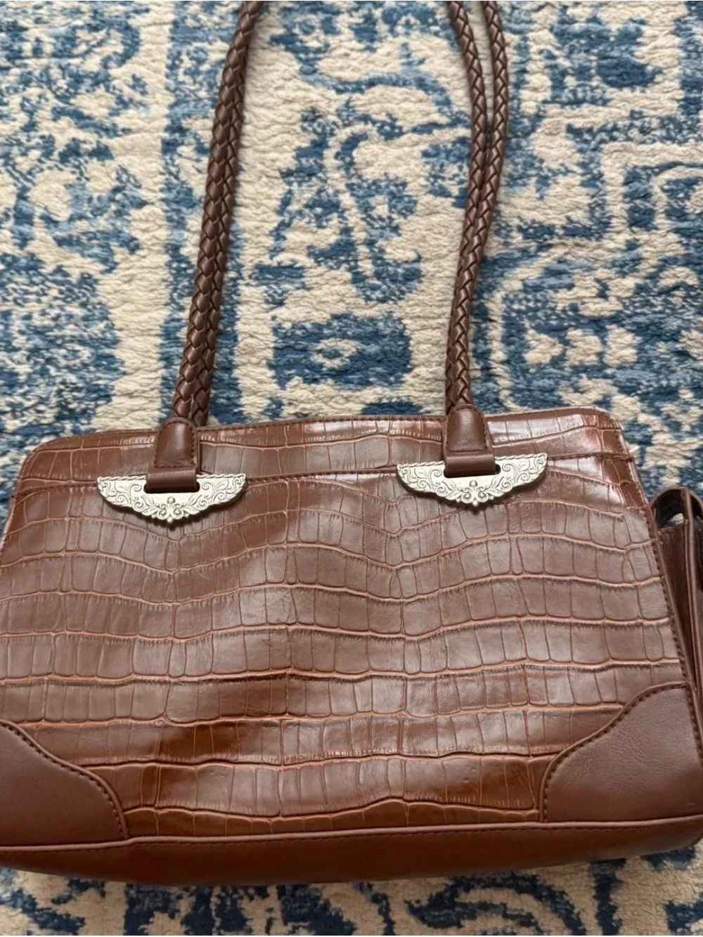 Brown Croc-Embossed Shoulder Bag with Silver Accents